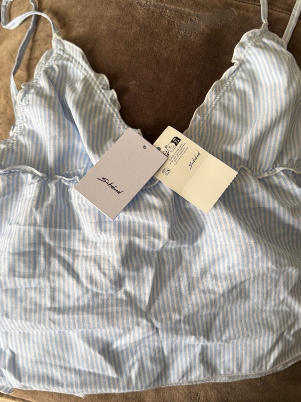 Striped Light Blue & White Satin Cami with Scalloped Trim